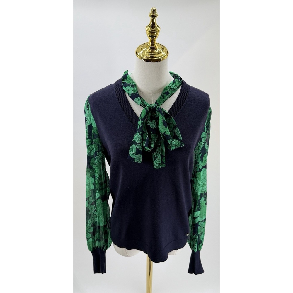 Tommy Hilfiger Women's Navy Green Sweater Sheer Sleeves Tie Neck Size Medium M